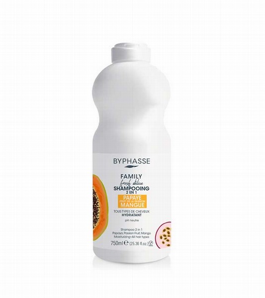Šampūns  Byphasse Family Fresh Delice 2in1 Papay, Passion Fruit & Mango All  HairTypes 750