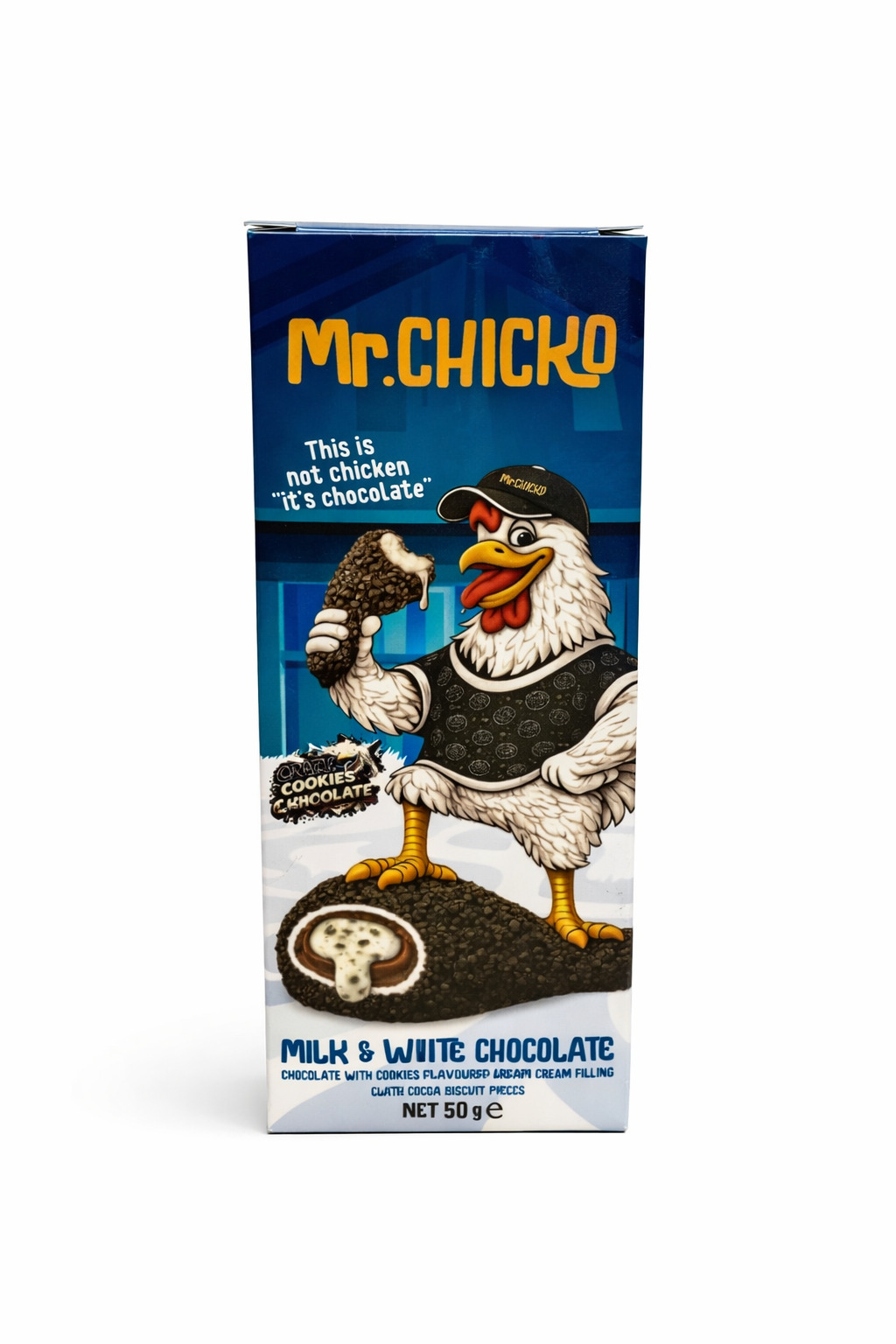 Mr. Chicko piena un baltā šokolāde ar cepumu krēma pildījumu, 50g