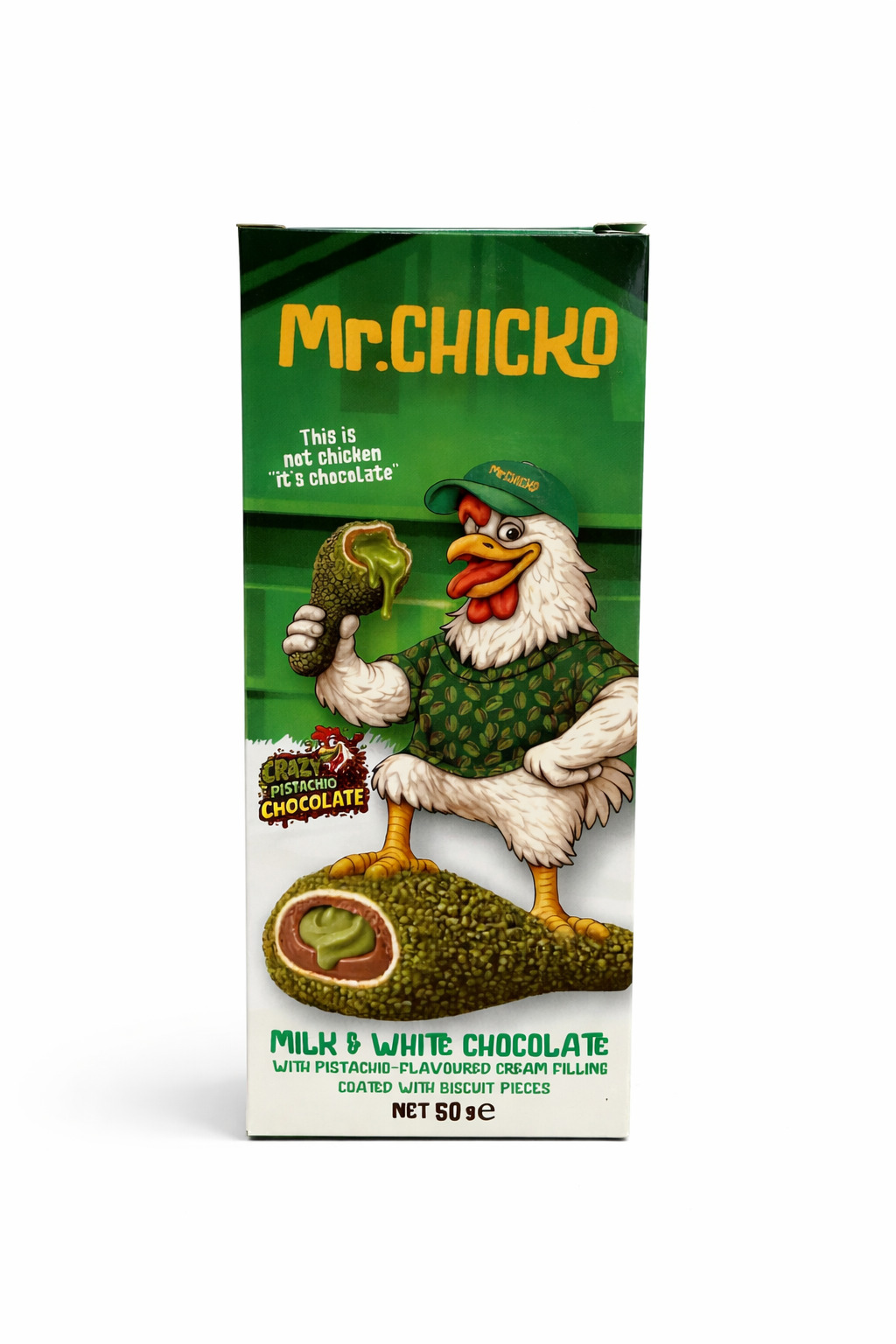 Mr. Chicko Dubai Style piena un baltā šokolāde ar pistāciju drumstalu krēma pildījumu, 50g 